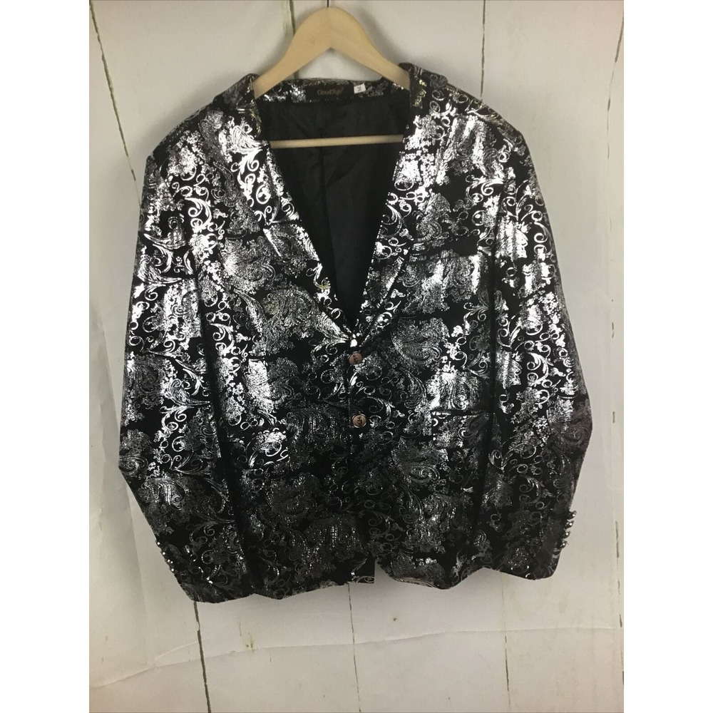 Cloudstyle Men's Floral Black/Silver Notched Lapel Slim Fit Blazer Jacket Sz. M